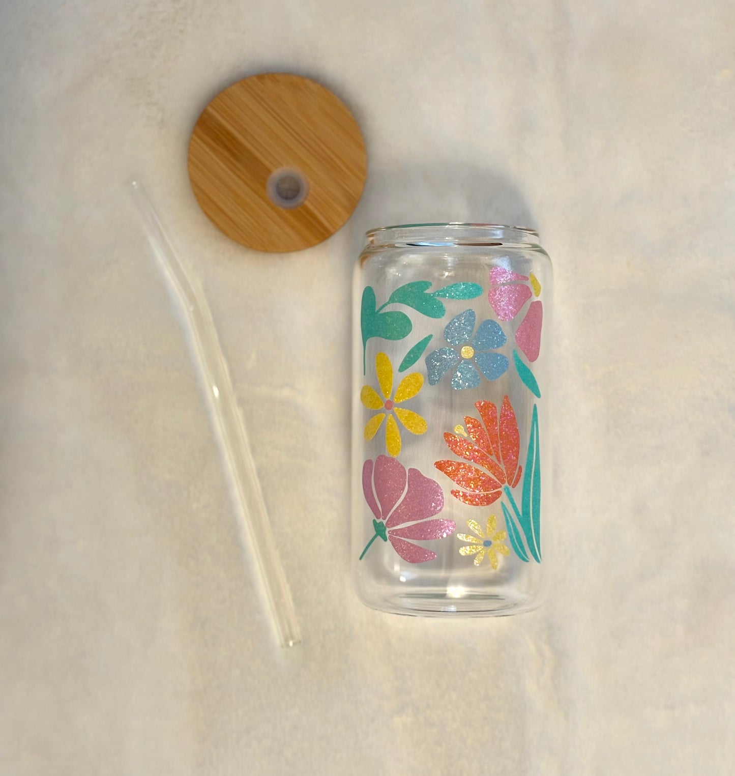 Glass Can Cup 16oz - Spring Flowers