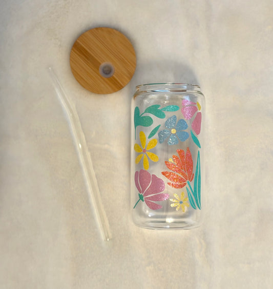 Glass Can Cup 16oz - Spring Flowers