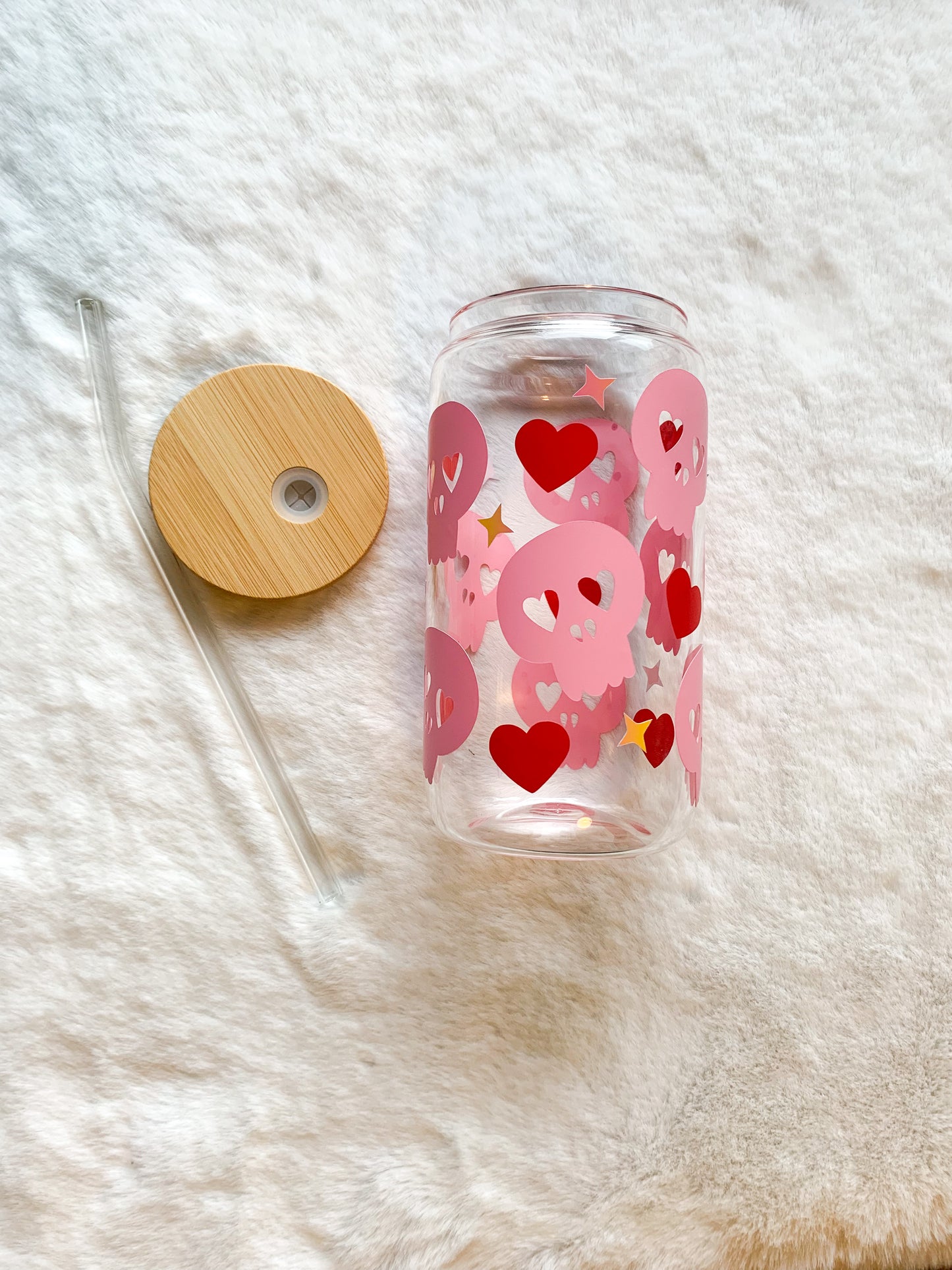 Glass Can Cup 16oz - Heart Eye Skulls