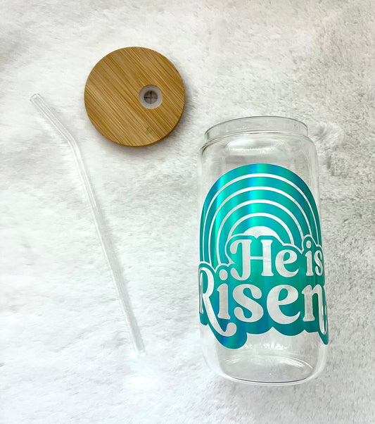 Glass Can Cup 16oz - He Is Risen