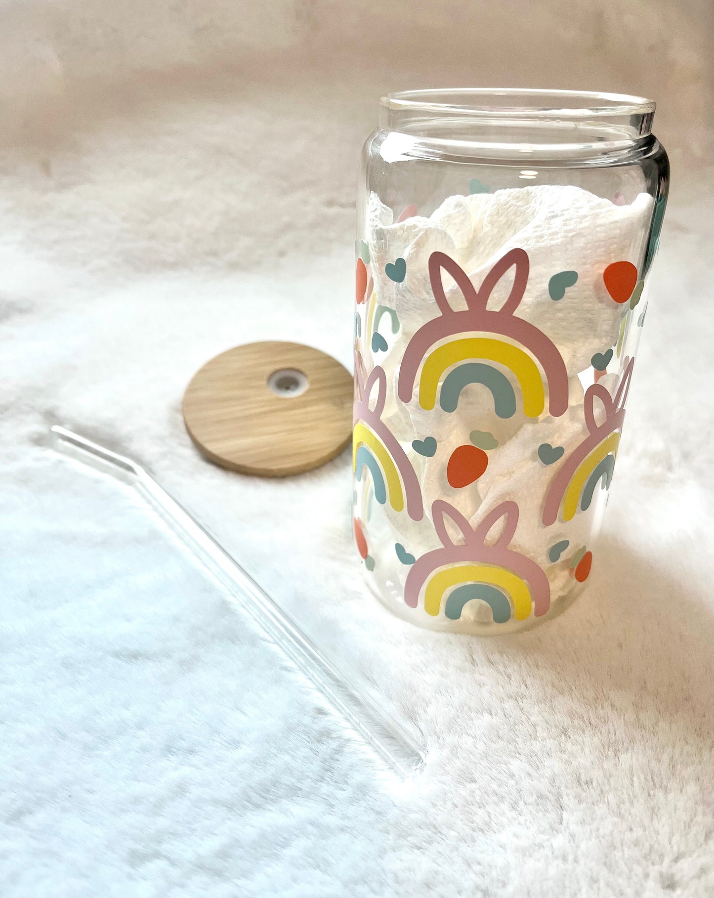 Glass Can Cup 16oz - Rainbow Bunnies