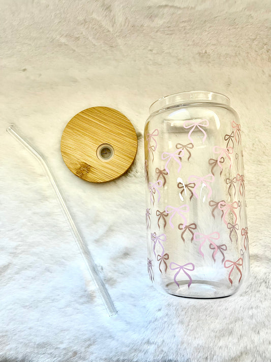 Glass Can Cup 16oz - Coquette Bows