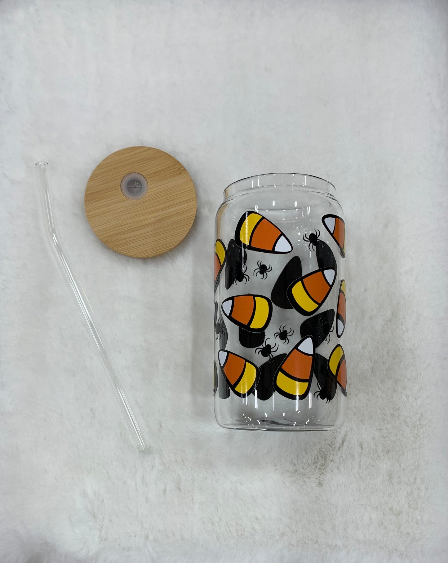 Glass Can Cup 16oz - Candy Corn