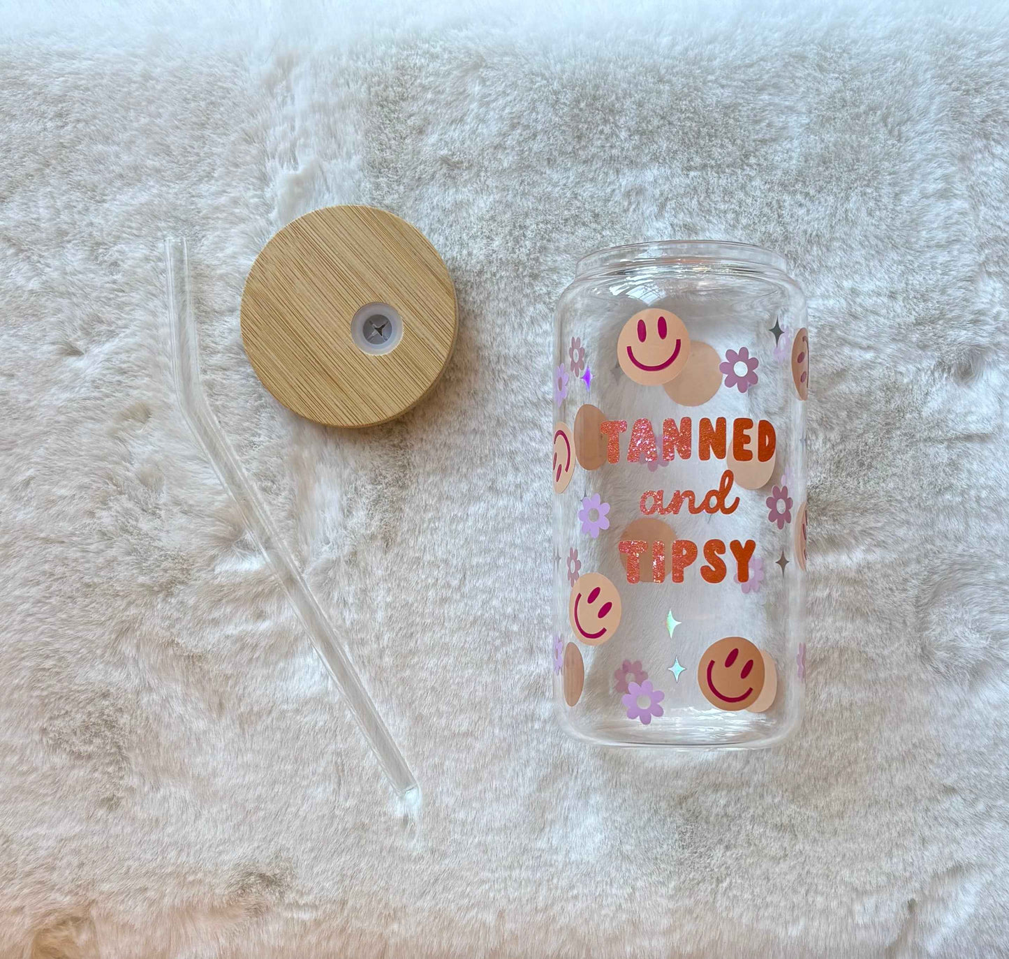 16oz Glass Cup - "Tanned and Tipsy" | Stylish Drinkware for Every Occasion