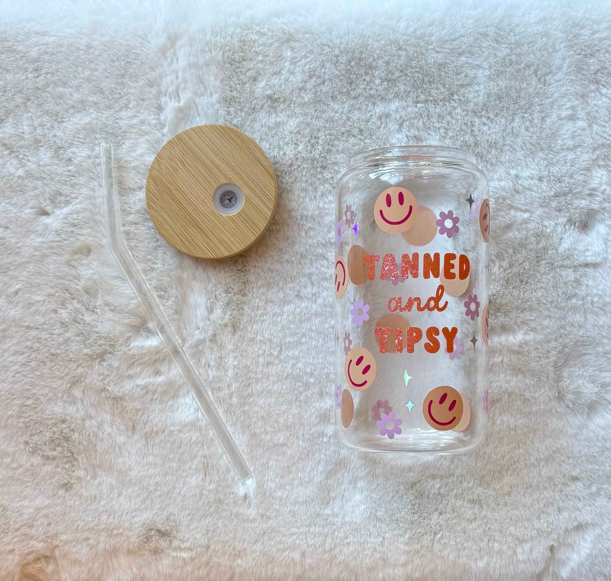 16oz Glass Cup - "Tanned and Tipsy" | Stylish Drinkware for Every Occasion