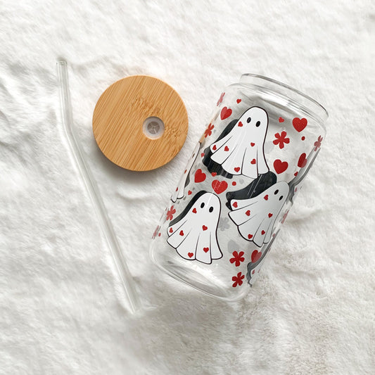 Glass Can Cup 16oz - Heart Ghosties