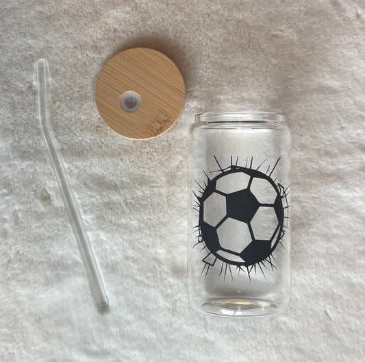 16oz Glass Cup - Soccer Crashing Ball | Stylish Drinkware for Every Occasion