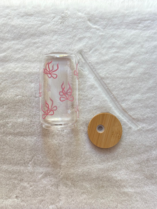 Glass Can Cup 16oz - Coquette Bows and Stars