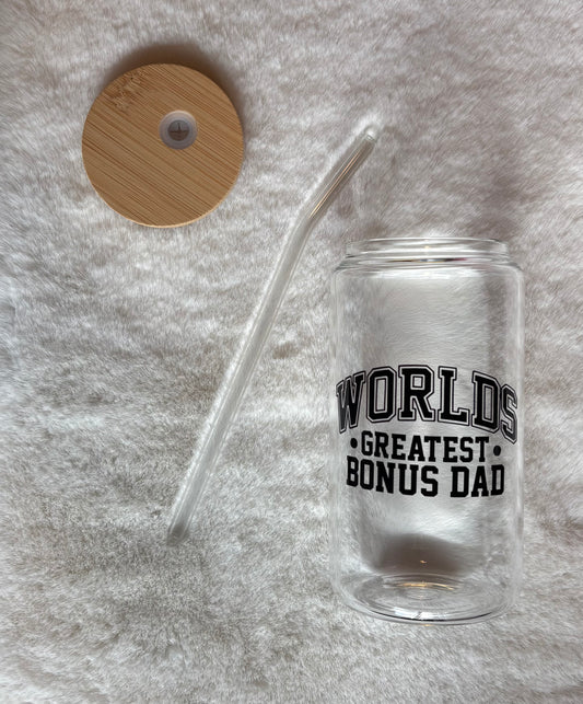 16oz Glass Cup - "World’s Greatest Bonus Dad" | Stylish Drinkware for Every Occasion