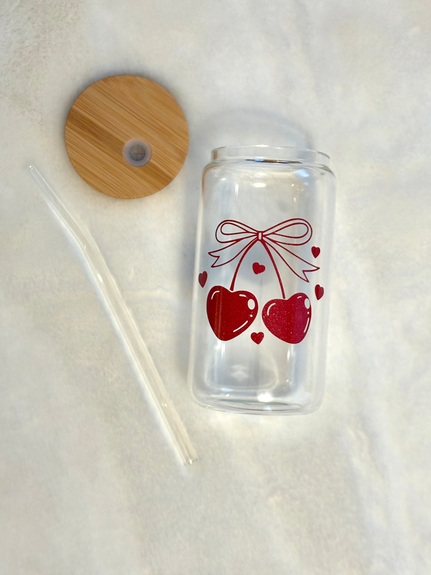 Glass Can Cup 16oz - Heart Cherries
