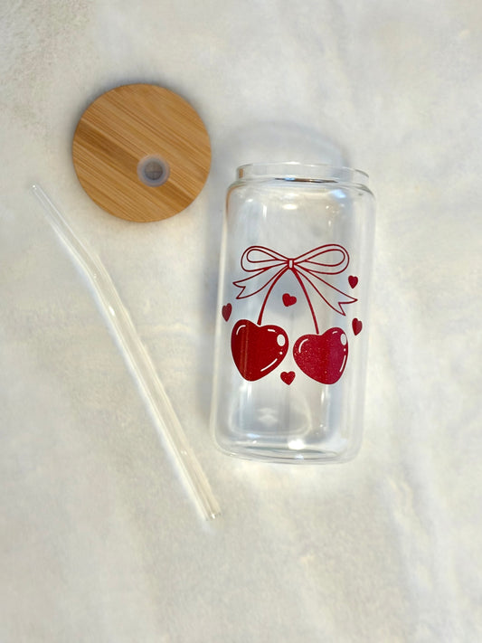 Glass Can Cup 16oz - Heart Cherries