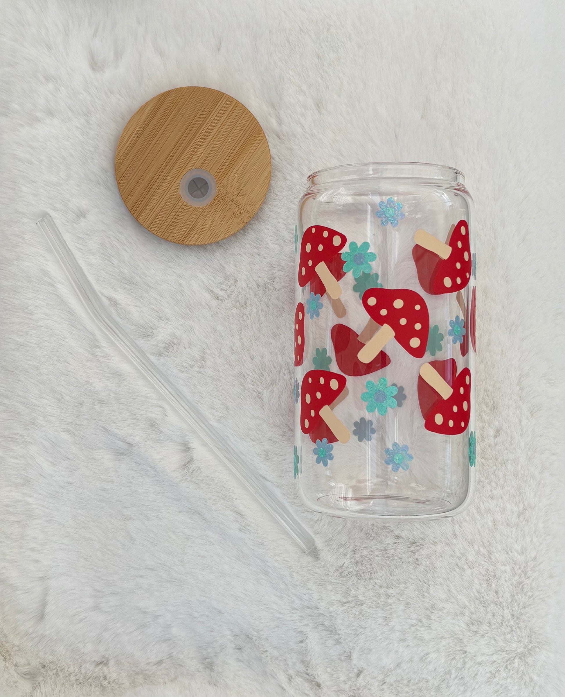 Glass Can Cup 16oz - Mushrooms and Flowers - Elation Collective