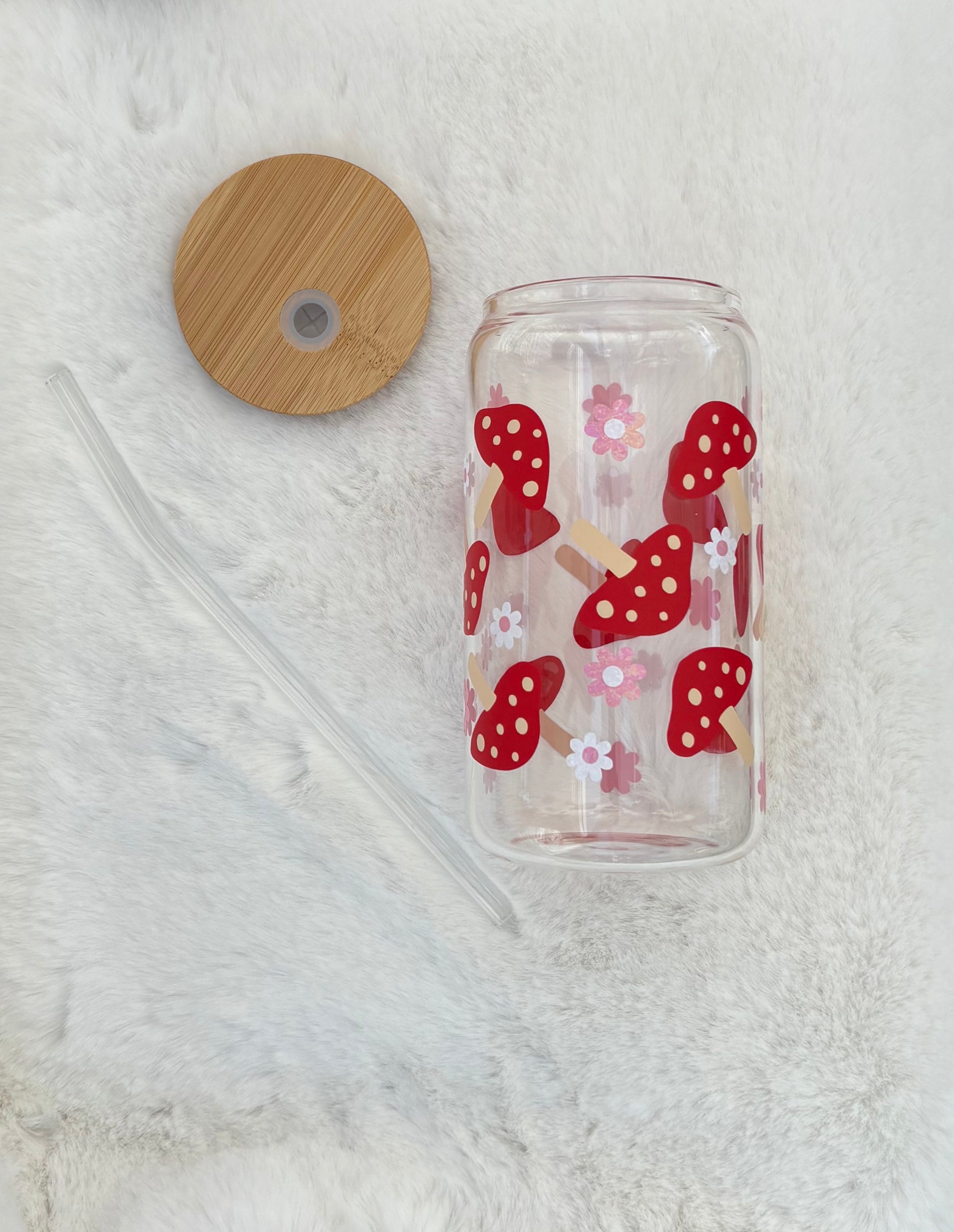 Glass Can Cup 16oz - Mushrooms and Flowers - Elation Collective