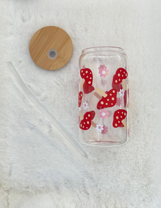 Glass Can Cup 16oz - Mushrooms and Flowers - Elation Collective