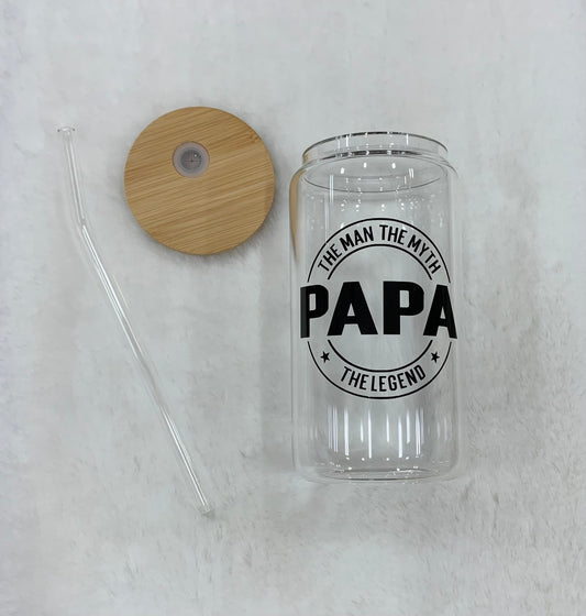 Glass Can Cup 16oz - PAPA (Man/Myth/Legend)