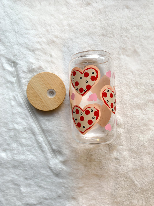 Glass Can Cup 16oz - Pizza Hearts