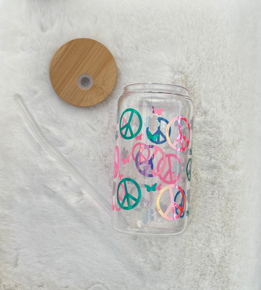 Glass Can Cup 16oz - Peace