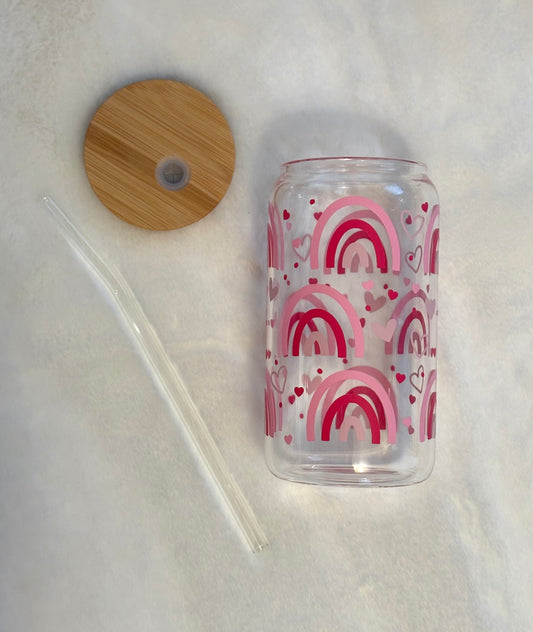 Glass Can Cup 16oz - Hearts and Rainbows