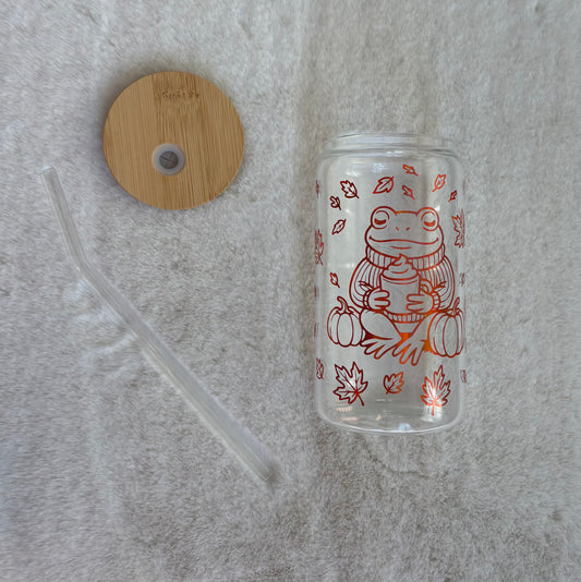 Glass Can Cup 16oz - Fall Frog