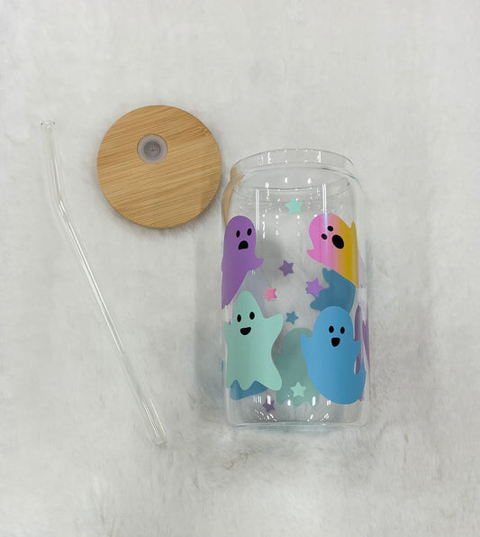 Glass Can Cup 16oz - Pastel Ghosts