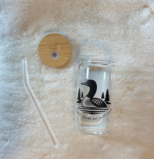 Glass Can Cup 16oz - Stupid Canadian Wolf Bird