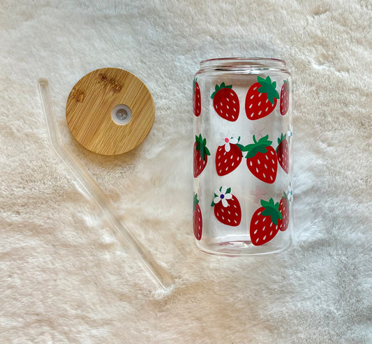 16oz Glass Cup - Strawberry Fields | Stylish Drinkware for Every Occasion