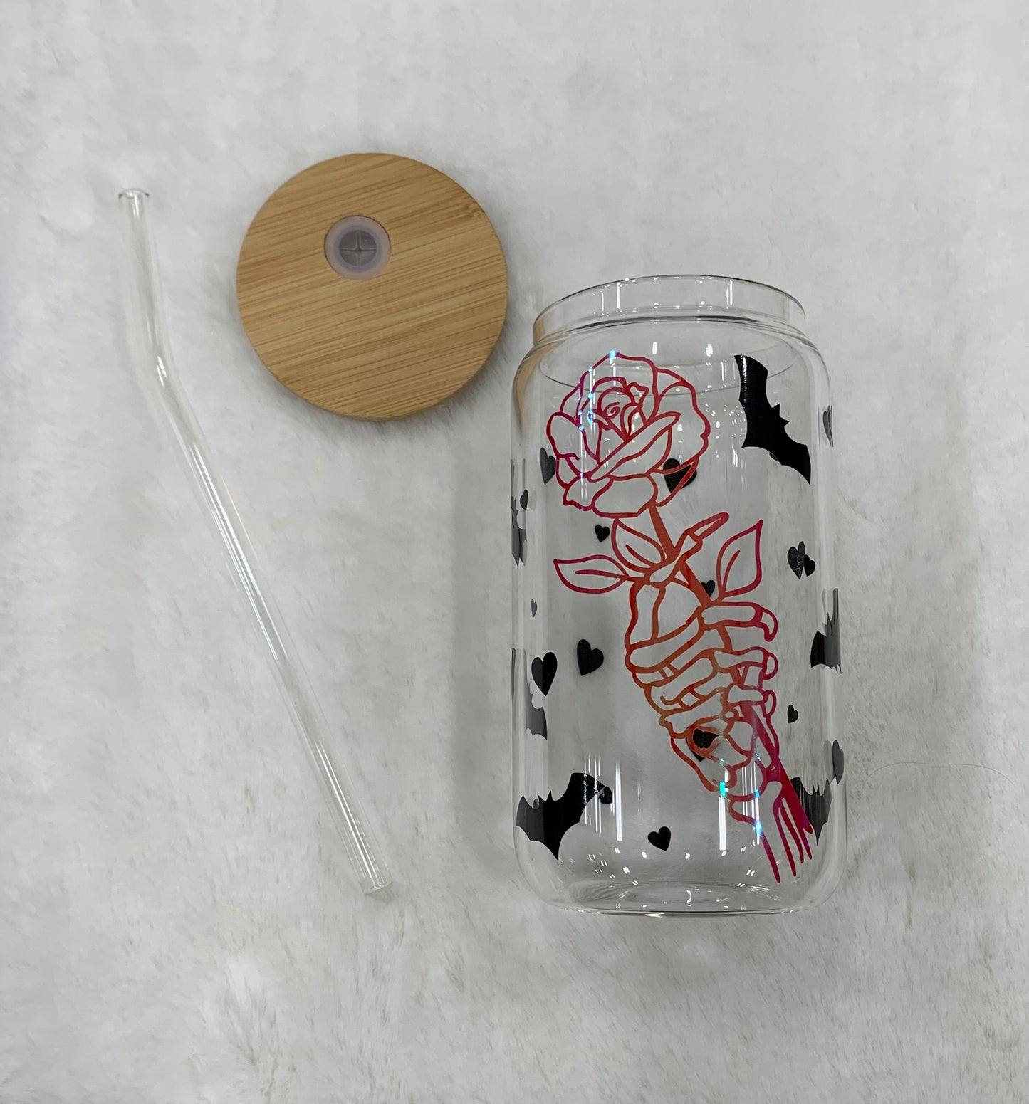 Glass Can Cup 16oz - Holographic Rose in Skeleton Hand