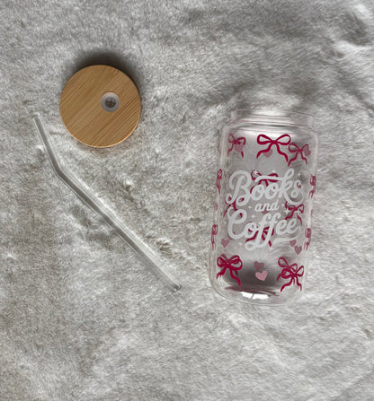 Glass Can Cup 16oz - Books and Coffee Valentine’s Edition - Elation Collective
