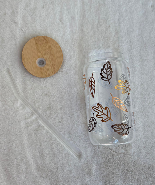 Glass Can Cup 16oz - Fall Leaves