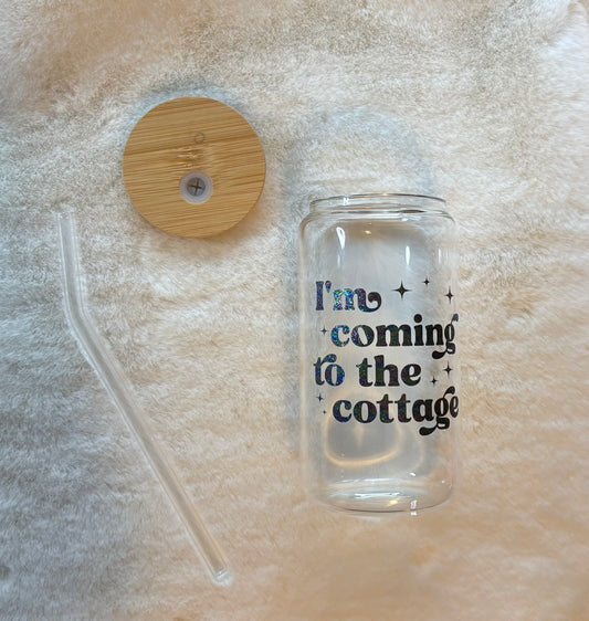 Glass Can Cup 16oz - I’m Coming to the Cottage (sparkle)