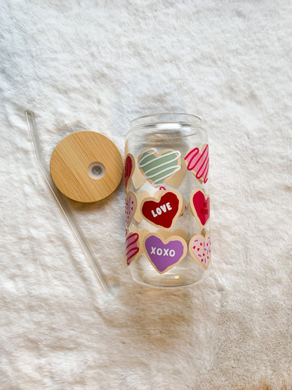Glass Can Cup 16oz - Cookie Hearts Valentines Day Edition