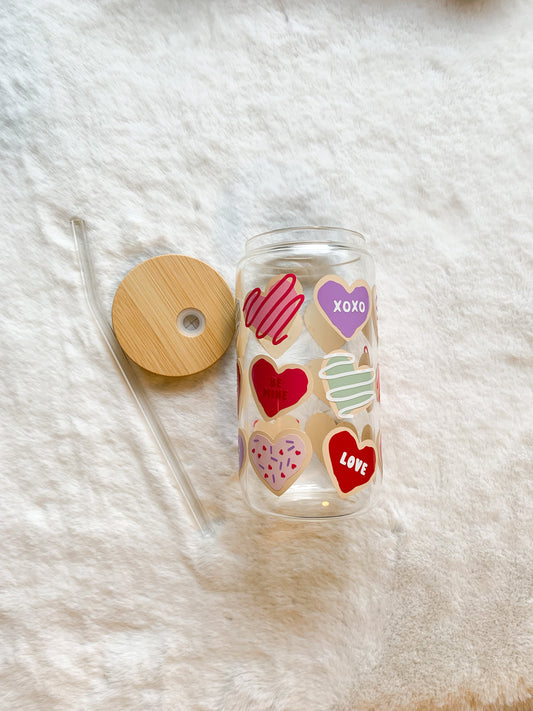 Glass Can Cup 16oz - Cookie Hearts Valentines Day Edition