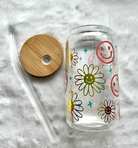 Glass Can Cup 16oz - Smiles and Daisies