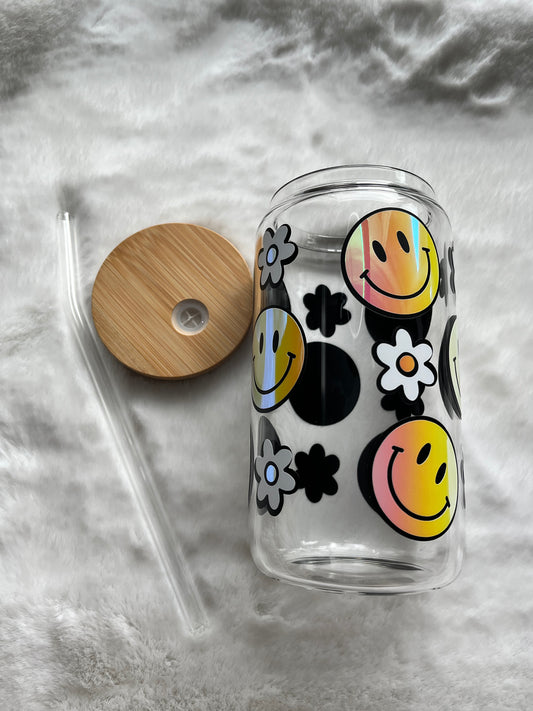 Glass Can Cup 16oz - Retro Smiley Holographic
