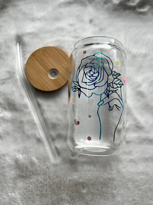 Glass Can Cup 16oz - Holographic Rose in Hand
