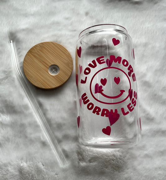 Glass Can Cup 16oz - Love More Worry Less
