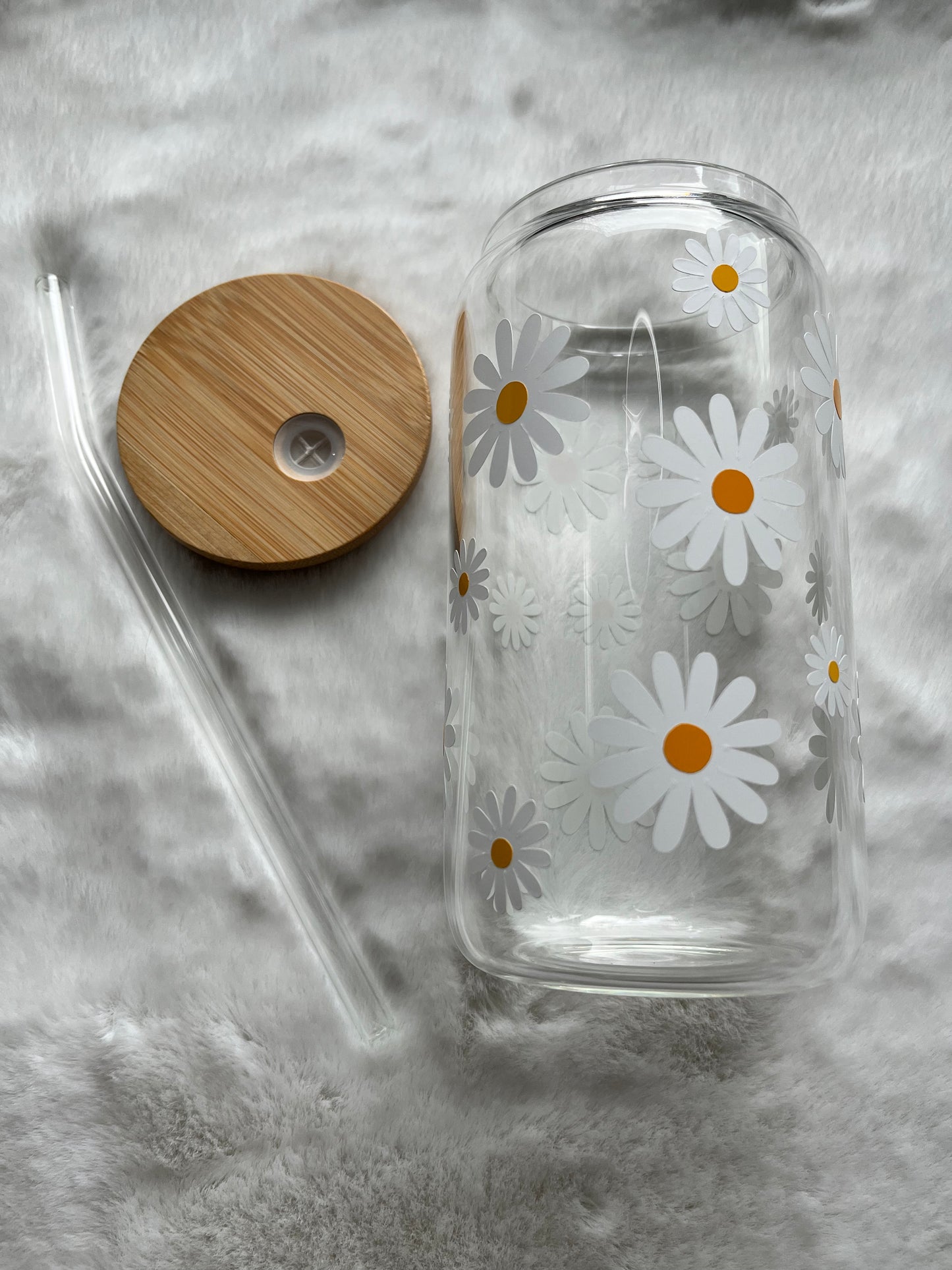 Glass Can Cup 16oz - Daisies