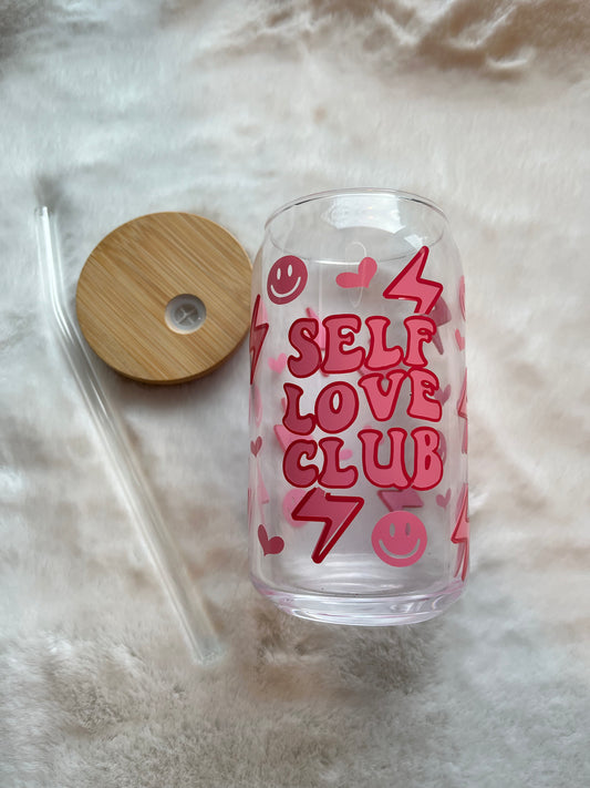 Glass Can Cup 16oz - Self Love Club (Pink)