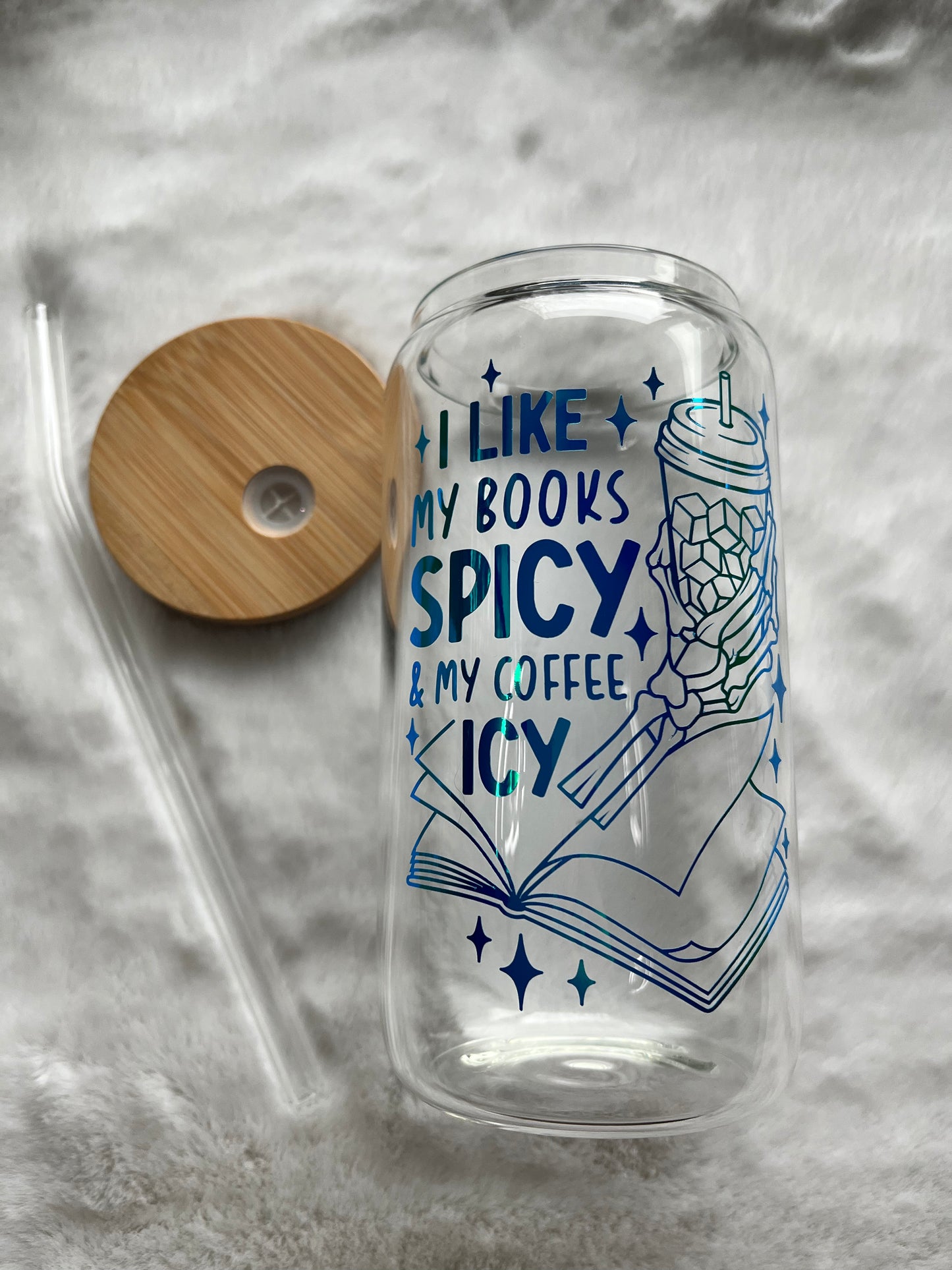 Glass Can Cup 16oz - Books Spicy and Coffee Icy