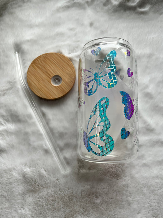 Glass Can Cup 16oz - Holographic Butterfly