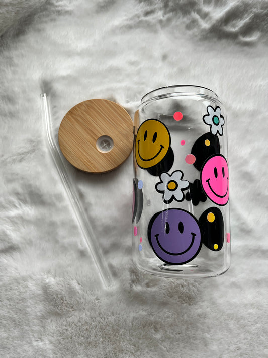 Glass Can Cup 16oz - Retro Smiley