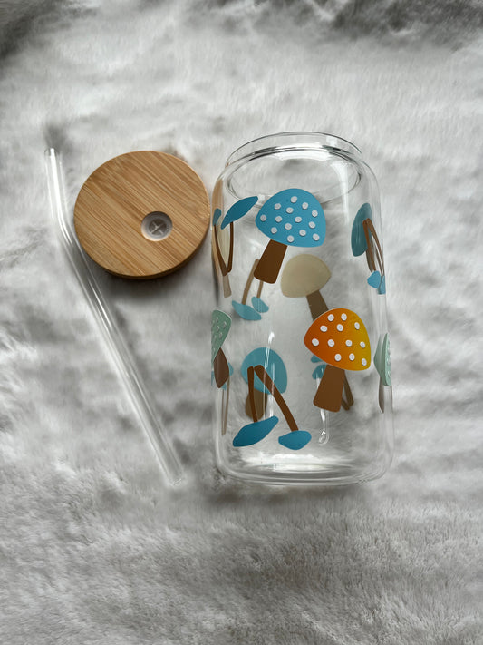 Glass Can Cup 16oz - Pastel Mushrooms