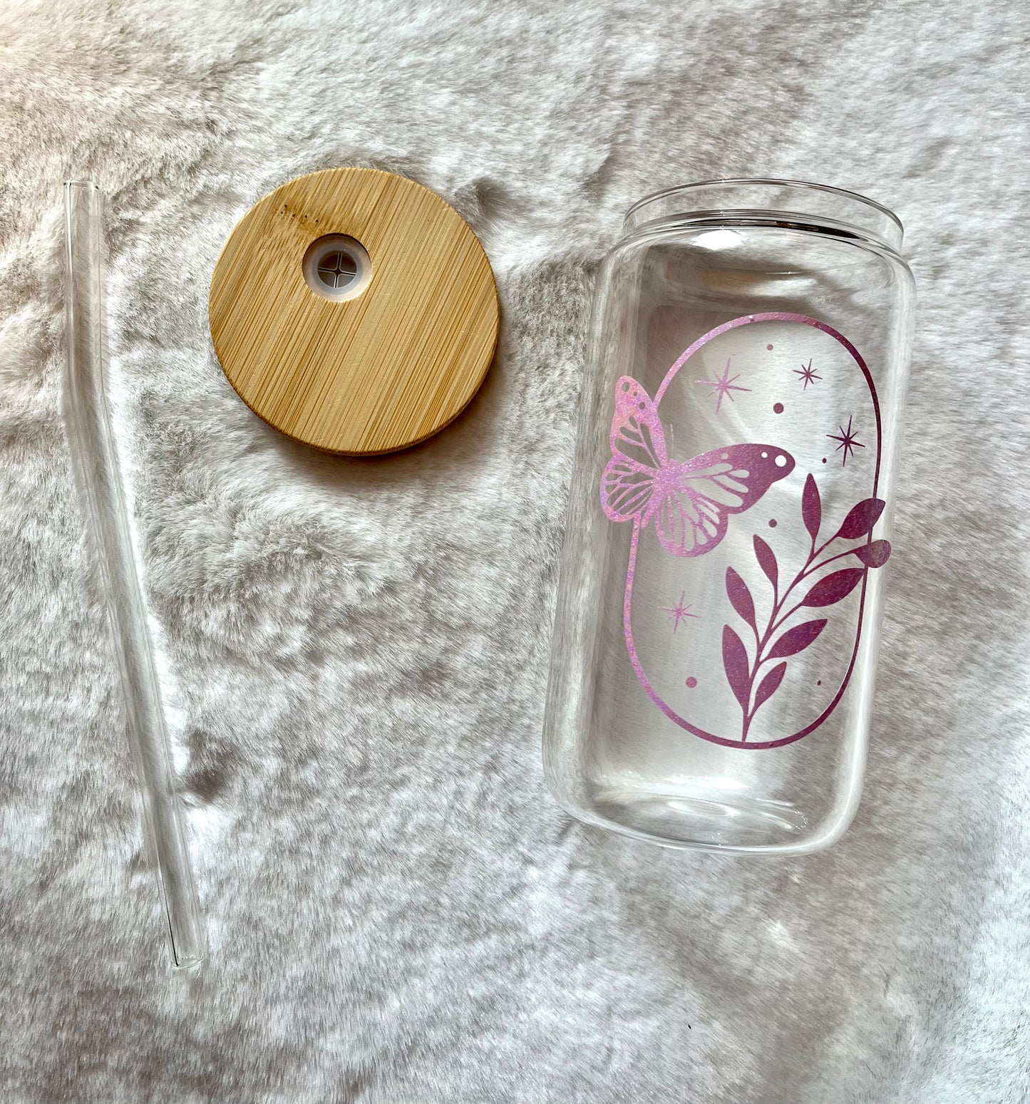 Glass Can Cup 16oz - Butterfly Boho