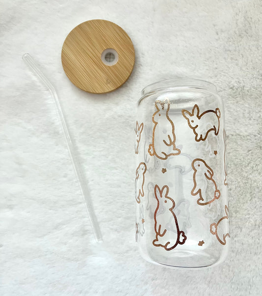 Glass Can Cup 16oz - Gold Bunnies