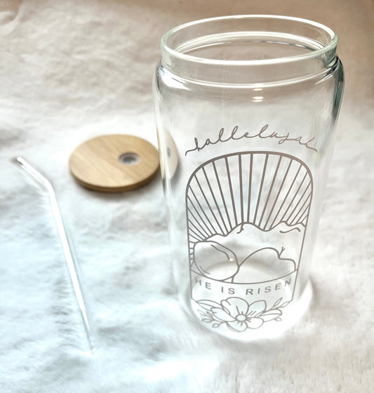 Glass Can Cup 16oz - Hallelujah He is Risen