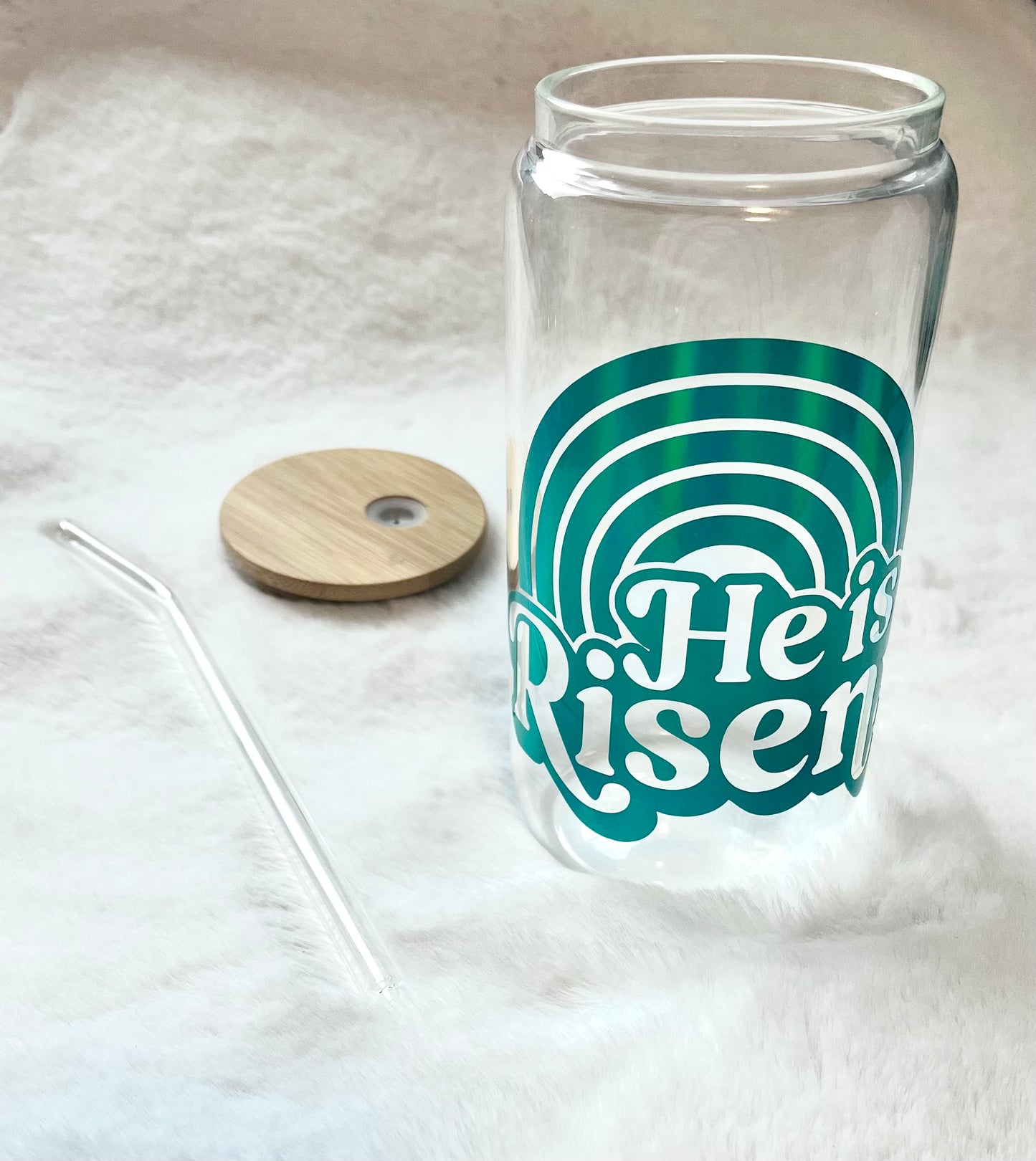 Glass Can Cup 16oz - He Is Risen